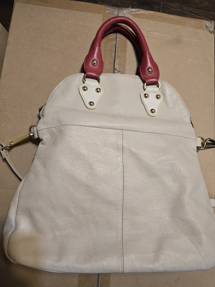 EMMA FOX Beige Red Leather Strap & Top Handle Foldover Handbag  Purse Travel  - Image 2 of 4