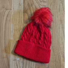 Boutique Red Cable Knit Faux Fur Pom Pom Beanie Winter Hat for Kids