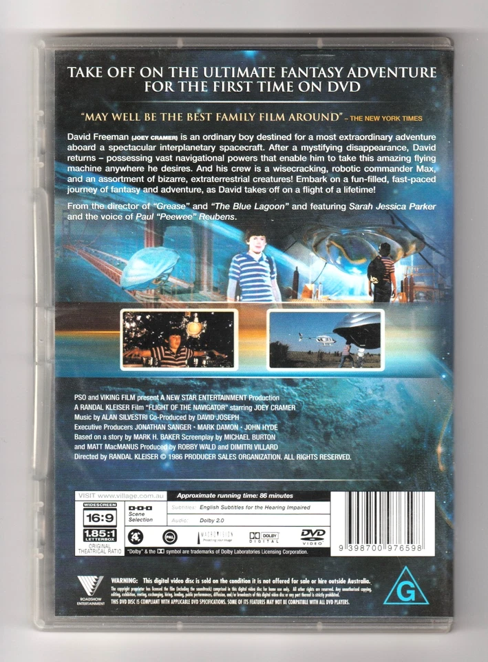 Flight of the Navigator DVD Joey Cramer, Sarah Jessica Parker - Very Good - image 2 of 2