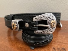 Black Basket Weave BULLHIDE BELTS Floral Buckle Quality USA Handcrafted 40"
