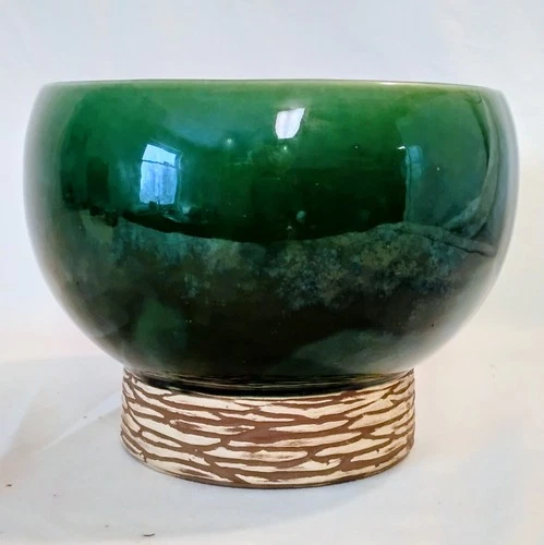 Mid Century McCoy Pottery LARGE 7" × 9" Pedestal Planter Bowl GLOSSY GREEN JADE