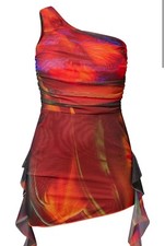 Pretty Little Things Deep Orange Abstract Print Mesh One Shoulder Bodycon Dress