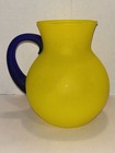 VTG Hand Blown Art Glass Neon Yellow Cobalt Blue Frosted Satin Matte Pitcher