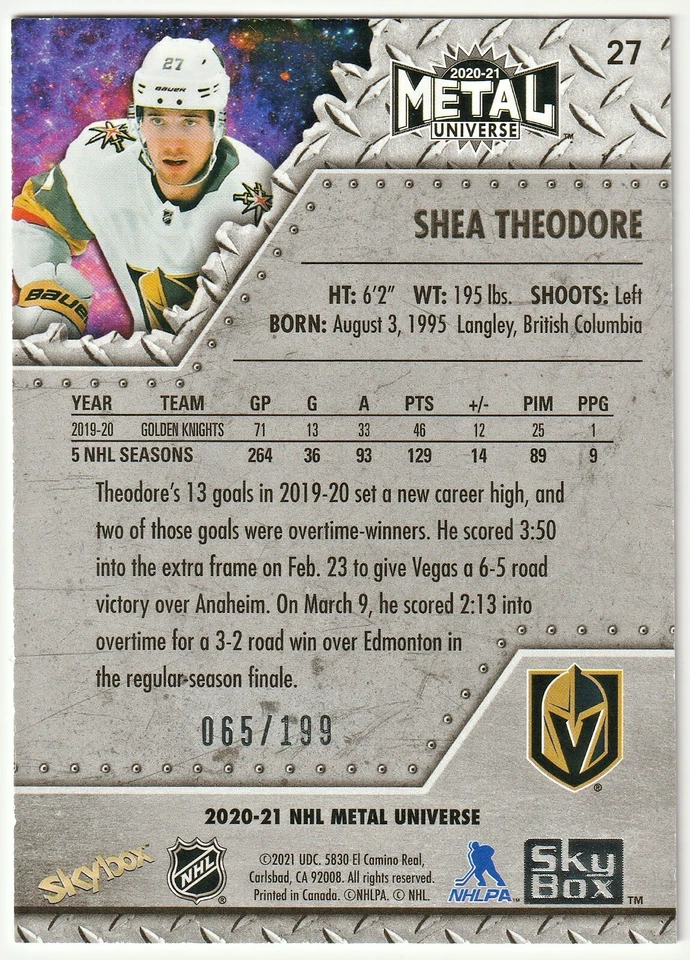 2020-21 Skybox (NHL Metal Universe) Parallel SP # 27 Shea Theodore!  (065/199) - Image 2 of 2