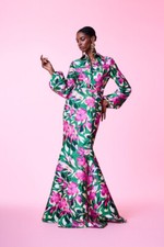 NEW BADGLEY MISCHKA Belted Floral Print Mikado Gown in Size 12