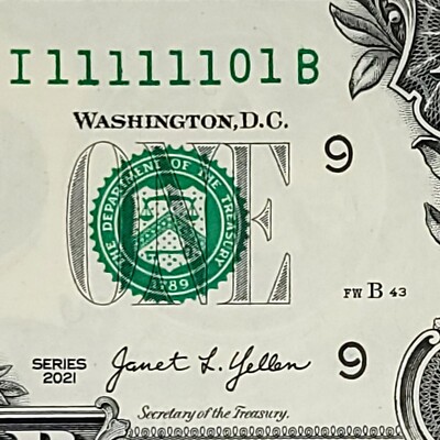 True Binary Fancy Serial Number One Dollar Bill I11111101B IB Block Run 2