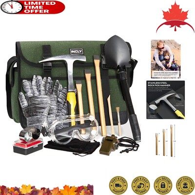 Premium Rock Pick Hammer Kit - 15 PCS - Shovel Musette Bag - Compass - Whistle
