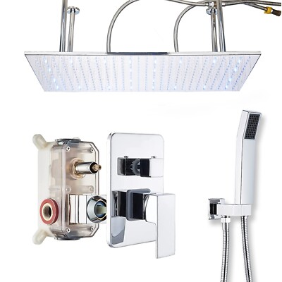 LED Chrome 16×32'' Shower Faucet Set Rainfall Head Combo Mixer Valve System