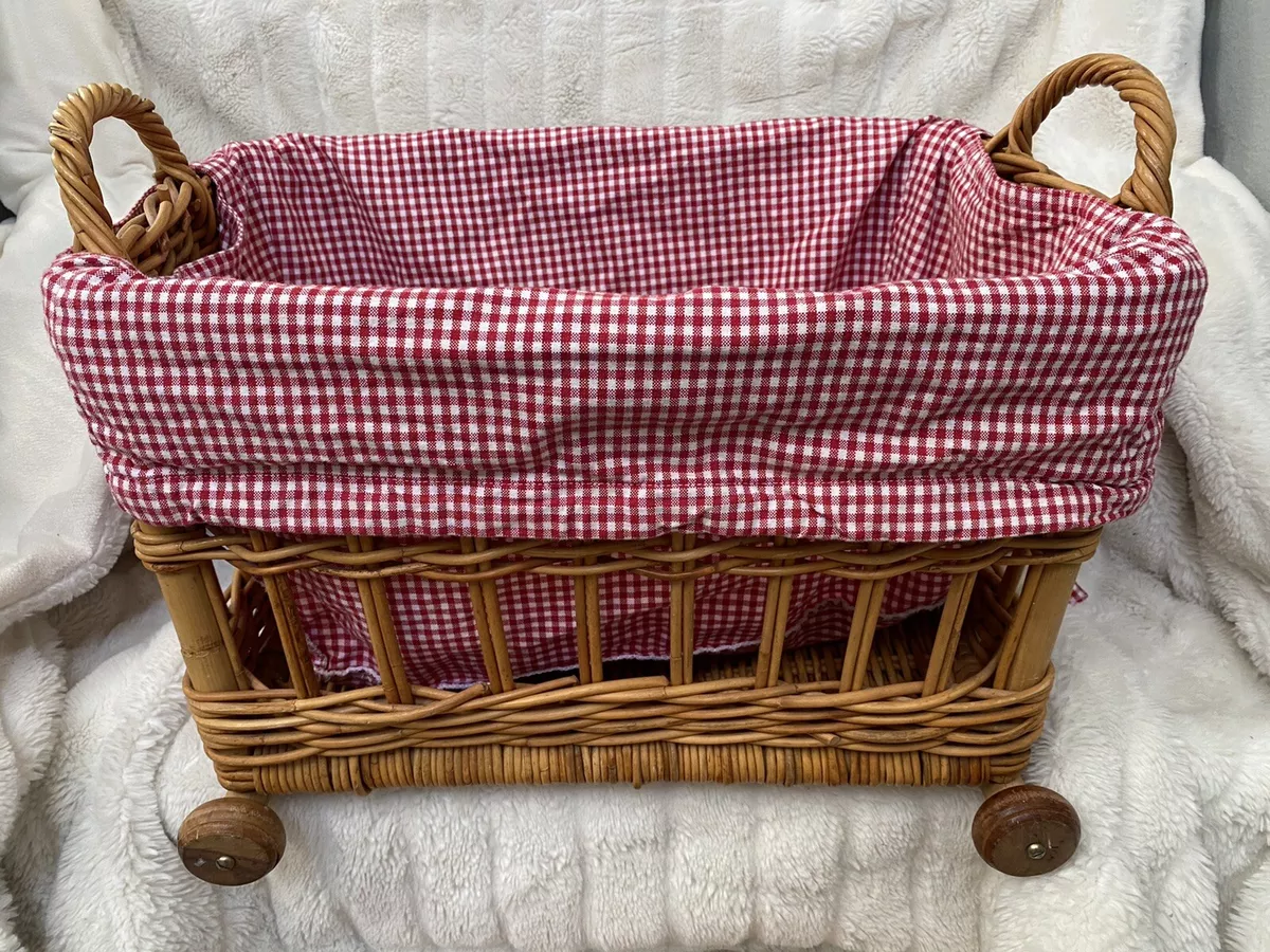 Pottery Barn Kids Small Rolling Wicker Storage Basket with Red Gingham  Liner