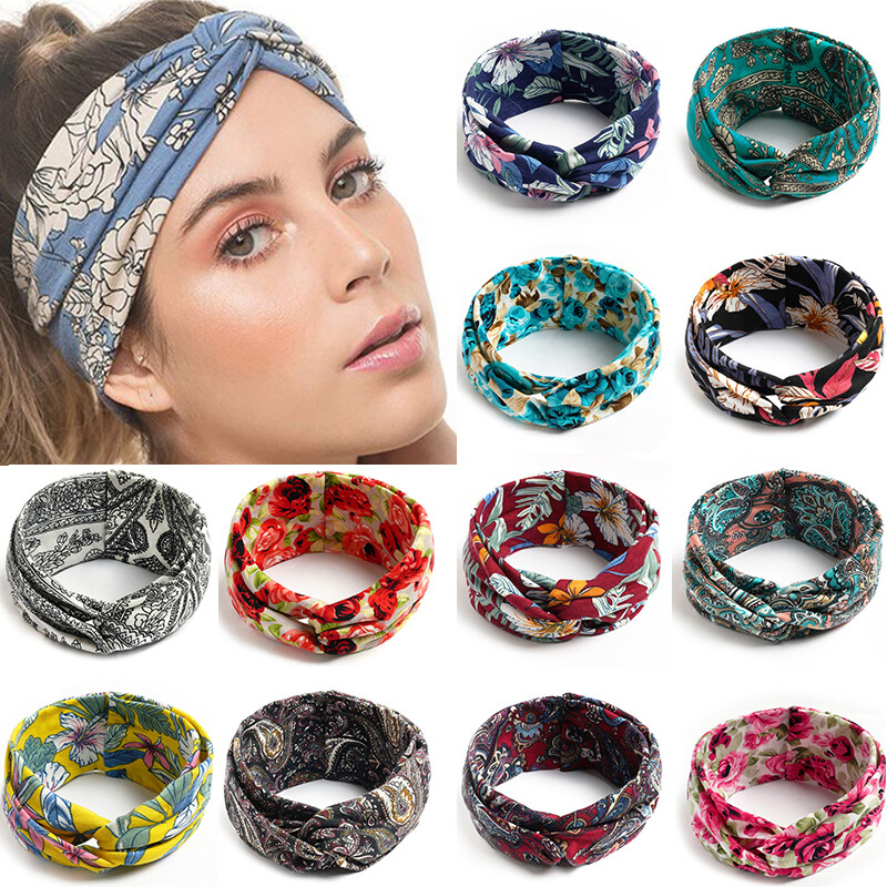 Boho Flower Headband for Women Wide Knotted Turban Elastic Hairband
