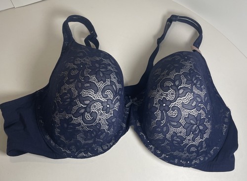 Cacique Lightly Lined T-Shirt Bra Navy Floral Lace Overlay Sz 46C - Picture 2 of 12