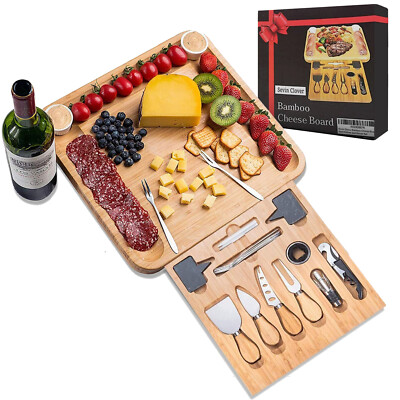 Bamboo Cheese Board and Knife Set - Wood Charcuterie Platter and Serving Meat