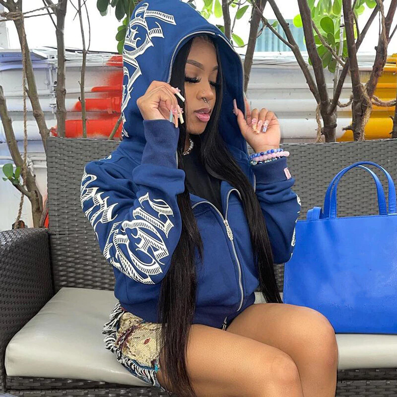 Printed Zip Up Hoodie Streetwear Women 