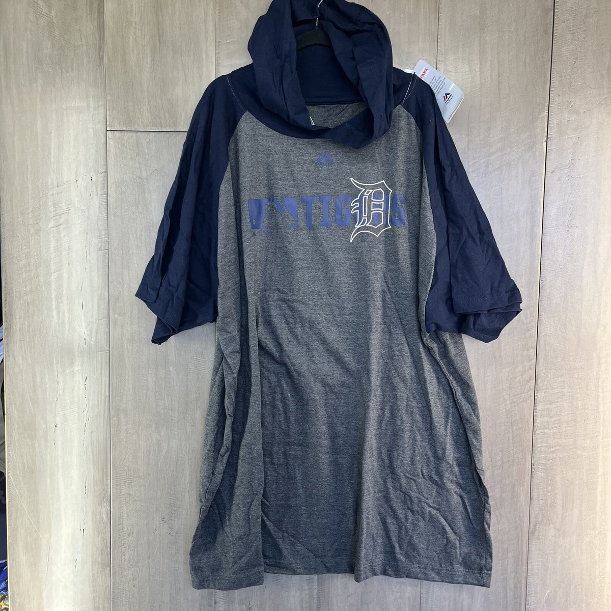 Majestic DXL Detroit Tigers Big Tall Raglan Short Sleeve Hoodie Grey Blue  2XL