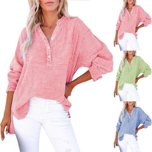 Womens Cotton Linen Shirts Button V Neck Blouse Long Sleeve T Shirt Casual Tops