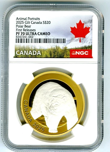 2025 $20 CANADA 1 OZ SILVER PROOF GILT NGC PF70 ANIMAL PORTRAITS POLAR BEAR - FR