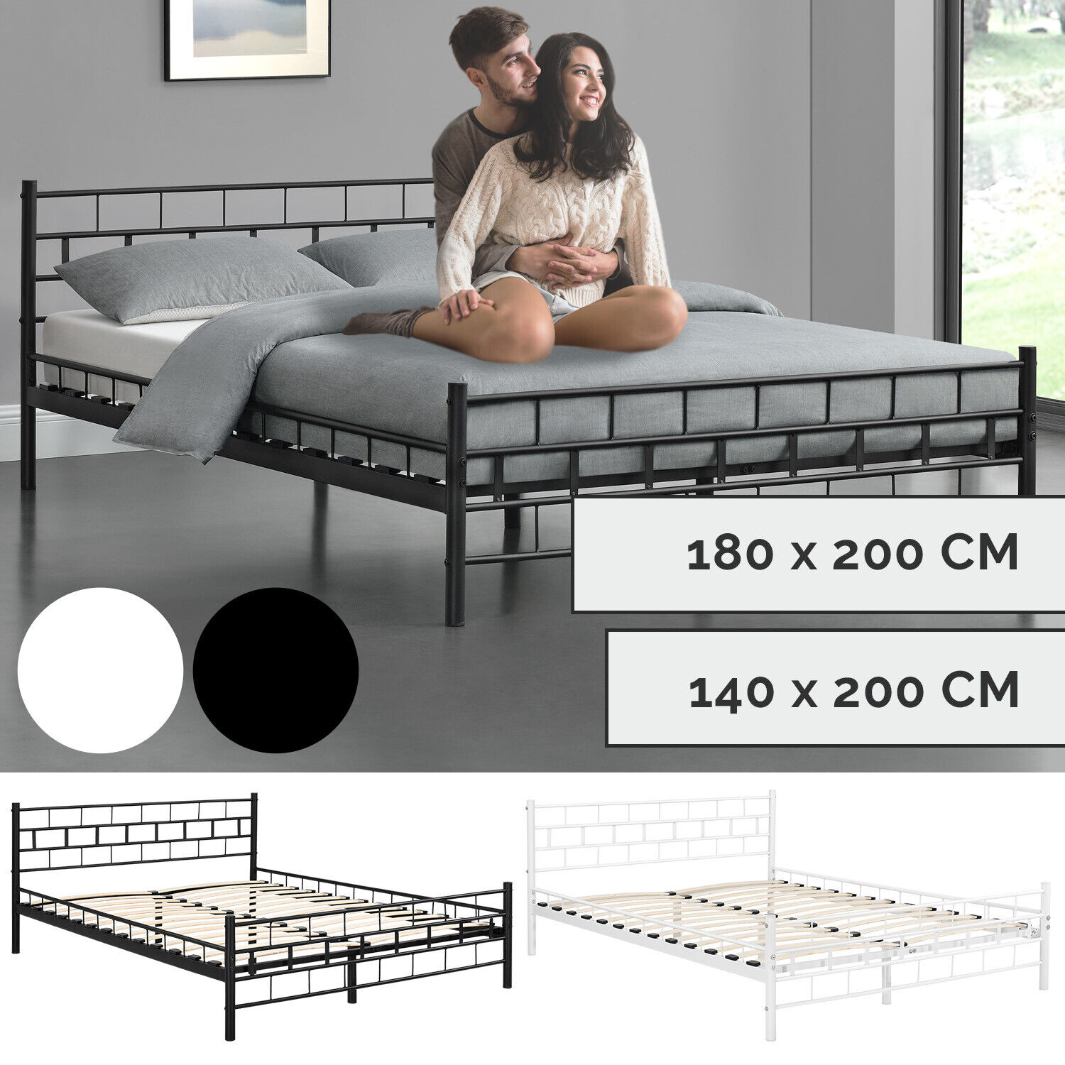 Details zu  Metallbett Bettgestell Metall Schlafzimmer Bett Doppelbett + Lattenrost Juskys® Hoch bewertete Angebote