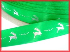 LAST 1 50 YARD ROLL SALE 7/8" GREEN SILVER REINDEER SATIN RIBBON CHRISTMAS