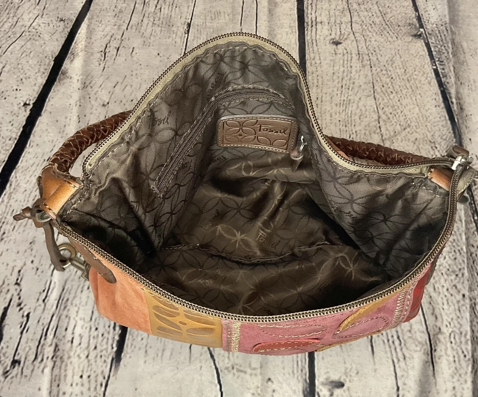 Bolso de Hombro Hobo Cuero Fósil Gamuza Repujado 3D Hoja Patrón Correa Trenzada  Foto 4 de 4