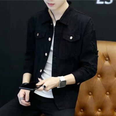 Men Denim Jacket Coat Ripped Distressed 