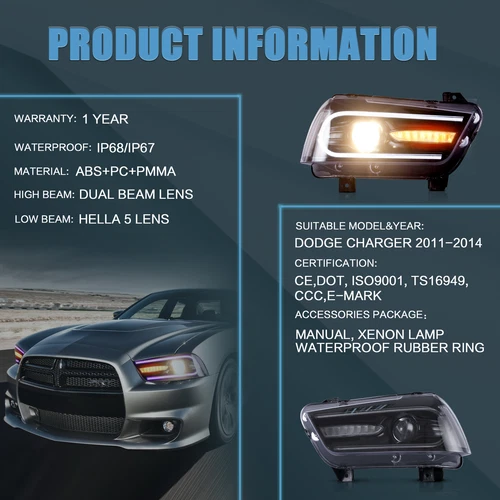 VLAND LED Headlights Fit DODGE CHARGER 2011-2014 Sequential Turn Headlamps - Picture 4 of 9