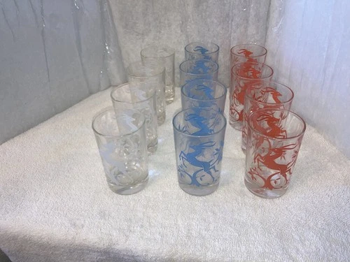 Vintage MCM Federal Glass Set of 12, 4 EA Blue,Red and White 3 3/4" Tall