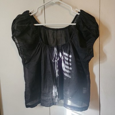 Women s Black Ramie Peasant Blouse Square Neck Puff Short Sleeve Size 34