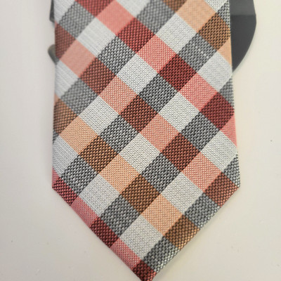 JF J. Ferrar Coral Plaid Necktie Men s Polyester Linen Blend NWT MSRP 34