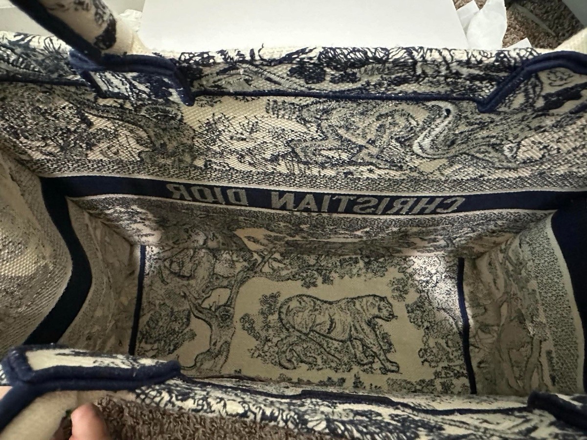 Large Dior Book Tote Ecru and Blue Toile de Jouy Embroidery