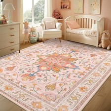 Area Rugs 5'x7' Washable Non-Slip, Floral Vintage Distress Print Pattern