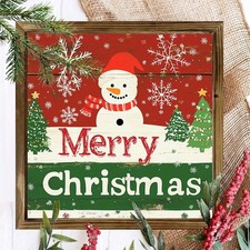 Rustic Merry Christmas Snowman Wooden Sign Holiday Home Wall Decor Gift