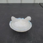 Vintage White Milk Glass Hen On Nest Covered Dish Blue Edge Chicken Mini Decor