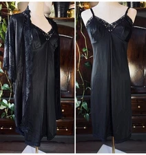 Sz L VINTAGE Peignoir Black Satin Lace Robe Chemise Dress Slip Set 2 Pc Lingerie