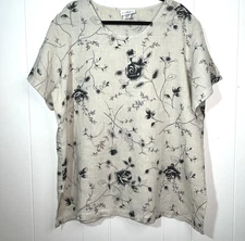 Match Point USA 100% Linen Top XL Black Rose Print Oversized Lagenlook