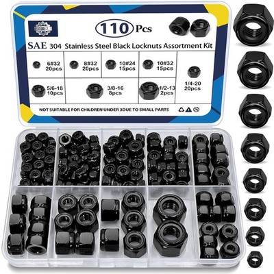 ZQZ 110 Pack Black SAE Nylon Insert Locknuts Assortment Kit, 6#32 8#32 10#24 10#