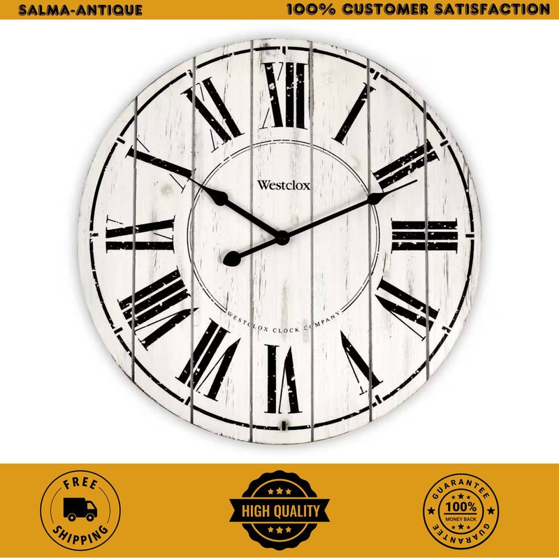 18" Whitewash Wood Wall Clock Distressed Finish Rustic Farmhouse Decor 38018