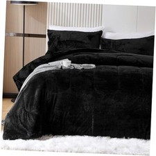 Faux Fur Comforter Set, Luxury Ultra Soft Fuzzy Fleece Comforter, King Black