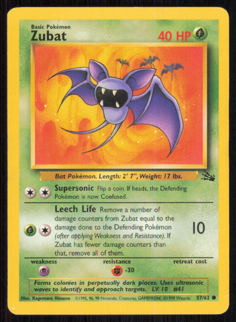 Zubat 57/62 Common Fossil Pokemon Unlimited Lightly Played