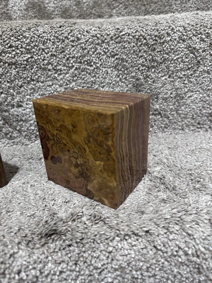 VTG Tan Marbled Stone Square Heavy 3” X 4” Mid Century Modern Decor Bookends - Image 4 of 4