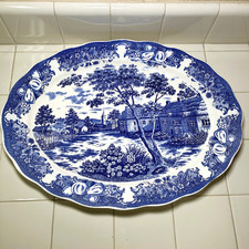 Vintage MZ China Japan Porcelain Blue White Transferware Oval Platter ~18 X 14