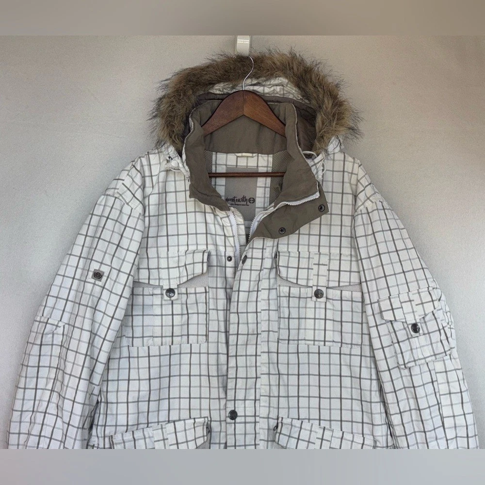 PLANET EARTH Men's Snowboard Coat Large White Checkered Ski Jacket Faux Fur Hood image 6