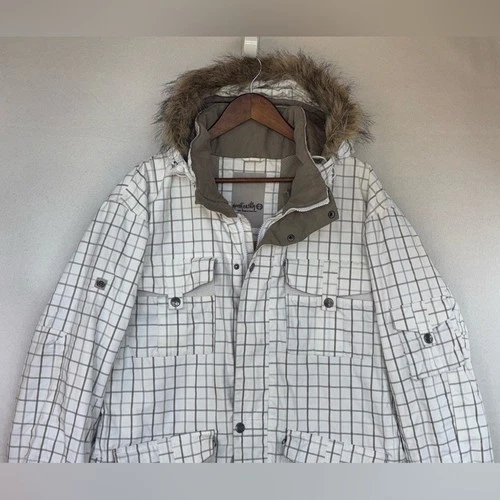 PLANET EARTH Men's Snowboard Coat Large White Checkered Ski Jacket Faux Fur Hood image 6