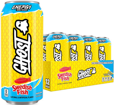 GHOST Energy Drink - 12-Pack, Swedish Fish, 16oz Cans - Energy & Focus & No Arti