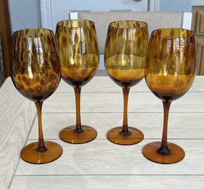 4 Retro Tortoise Shell Leopard Amber Wine Glasses Art Glass Set 9.25 | eBay