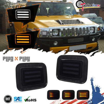 Black Lens Dynamic SWITCHBACK LED DRL Turn Signal Lights For 2003-2009 Hummer H2