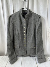 Chaps Equestrian Blazer Women Large Herringbone Gray Black Tweed Wool Blend
