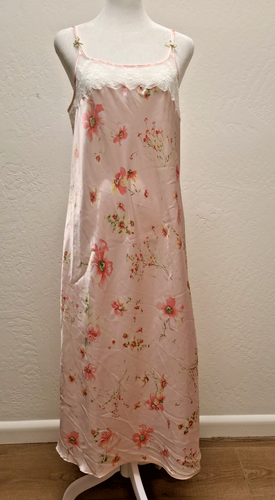 Oscar de la Renta Pink Label Lingerie Nightgown Floral Satin L Lace Slip Dress