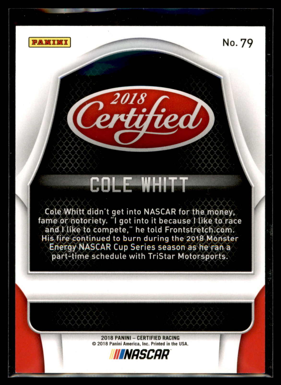 2018 Panini Certified Racing NASCAR RED Parallel #79 Cole Whitt #138/199