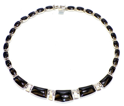 VTG CALVIN PETERSON Signed STERLING 950 SILVER TAXCO Onyx COLLAR NECKLACE 77.3 g