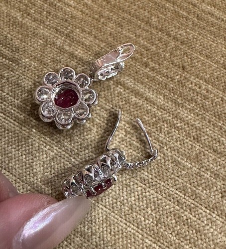 2Ct Oval Lab Created Ruby & Diamond Drop Dangle Earrings 14K White Gold Plated - Picture 2 of 5